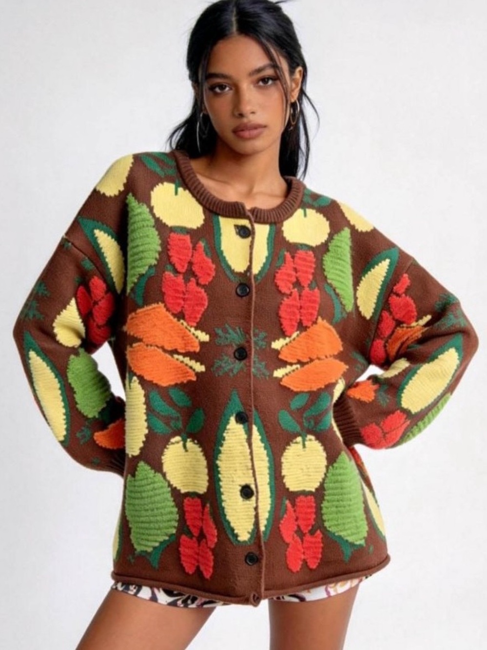 NWT Boutique Brown Floral Knit Button-Up Harvest Sweater Cardigan Small